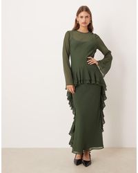 ASOS - Long Sleeve Frill Hem Chiffon Maxi Dress - Lyst
