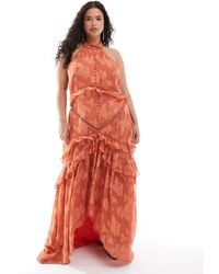 ASOS - Asos Design Curve Lace Insert Jacquard Halter Tiered Maxi Dress With Circle Trim - Lyst