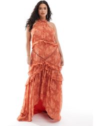 ASOS - Asos design curve - robe longue volantée dos nu en jacquard avec empiècements en dentelle et bordures festonnées - rouille - Lyst