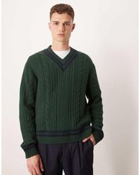 Abercrombie & Fitch - Long Sleeve V Neck Stripe Detail Cable Knit Jumper - Lyst