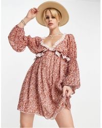 Free People - Ditsy Floral Lace Trim Smock Mini Dress - Lyst