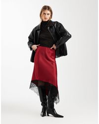 ASOS - Satin Asymmetric Lace Trim Midi Skirt - Lyst
