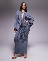ASOS - Vestido Largo Gris Carbón Ceñido Fruncido Con Mangas Muy Anchas De - Lyst