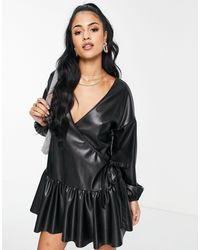 ASOS - Leather-look Wrap Front Mini Smock Dress - Lyst