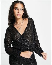 Pieces - Sequin Balloon Sleeve Wrap Top Co-ord - Lyst