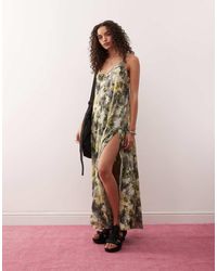 Monki - Crinkled Tiered Floaty Maxi Dress With Low Tie Back Detail - Lyst
