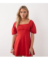 ASOS - Asos Design Petite Square Neck Structu Cotton Mini Dress With Back Strap - Lyst