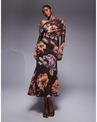 ASOS - Printed Mesh Long Sleeve Slouchy Bardot Maxi Dress - Lyst