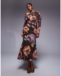 ASOS - Ruimvallende Maxi Bardotjurk Van Mesh Met Lange Mouwen En Bloemenprint - Lyst