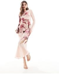 ASOS - Long Sleeve Cream Maxi Dress With Pink Floral Print - Lyst