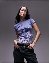 TOPSHOP - T-shirt taglio lungo cobalto lavaggio acido con fiori sfumati - Lyst
