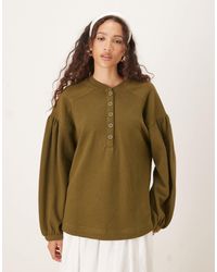 ASOS - Long Sleeve Waffle Henley With Puff Sleeve Detail - Lyst