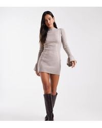 The Frolic - Exclusive Ribbed Knit Pearl Detail Flare Sleeve Knitted Mini Dress - Lyst