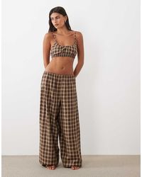 ASOS - Woven Check Crop And Wide Leg Trouser Pyjama Set With Lace Trim - Lyst