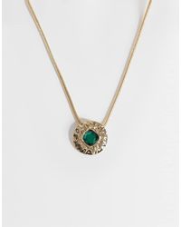 ASOS - Snake Chain Necklace With Hammered Pendant With Green Stone Set Detail - Lyst