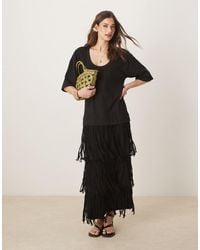 ASOS - Scoop Neck T-shirt Midi Dress With Fringe Skirt - Lyst