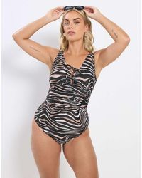Yours Clothing - Zebra Print Plunge Swimsuit - Lyst