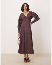 ASOS - Long Sleeve V Neck Poplin Maxi Dress - Lyst
