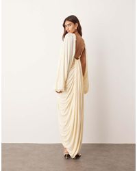 ARRANGE - Vestito Midi Drappeggiato Color Latticello Con Maniche A Palloncino E Dettaglio - Lyst