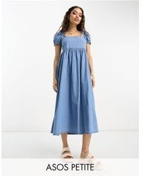 ASOS - Asos Design Petite Soft Denim Midi Dress With Puff Sleeve - Lyst