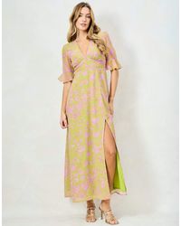 Hope & Ivy - The Yara Frill Sleeve Thigh Split Maxi Dress With Lace Trim - Lyst