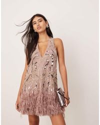 ASOS - Embellished Plunge Neck Mini Dress With Faux Feather Hem - Lyst