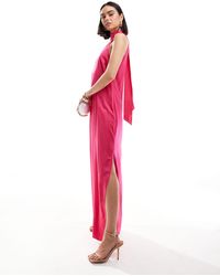 Vila - Vestido largo rosa luminoso con cuello halter anudado - Lyst