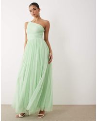 LACE & BEADS - Bridesmaid Tulle One Shoulder Fitted Waist Maxi Dress - Lyst