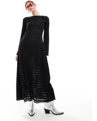Monki - Open Knit Pointelle Maxi Dress With Long Sleeves And Open Back - Lyst