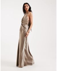 Six Stories - Bridesmaids Satin Plunge Knot Detail Open Back Maxi Dress - Lyst