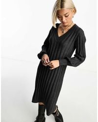 Object - Geribbelde Gebreide Trui-Jurk Met V-Hals - Lyst