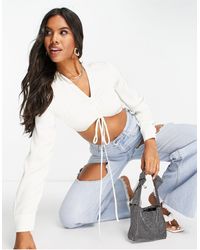 Aria Cove Ruched Detail Long Sleeve Crop Top Co Ord - White