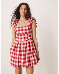 ASOS - Vestido Corto A Cuadros Vichy Rojos Amplio Con Escote Cuadrado Y Bajo Abullonado De - Lyst