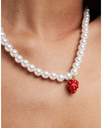 Pieces - Faux Pearl Necklace With Strawberry Charm - Lyst