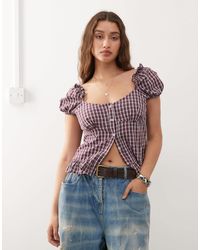 Reclaimed (vintage) - Top style western boutonné à manches bouffantes et carreaux - rouge - Lyst