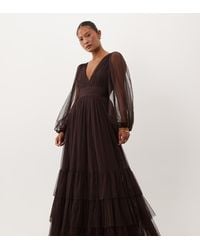 LACE & BEADS - Lace & Beads Bridesmaid Tulle Sheer Sleeve Plunge Neck Tiered Maxi Dress - Lyst