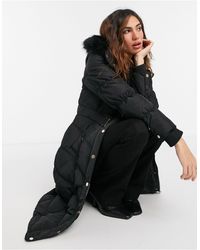 River Island Longline Padded Belted Coat With Faux Fur Hood - Black