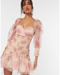 ASOS – Gerafftes Organza-Minikleid mit Puffärmeln und Blumenmuster - Pink