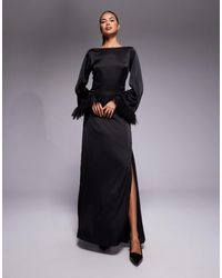 TFNC London - Long Sleeve Maxi Dress With Faux Feather Cuffs - Lyst