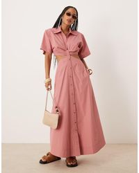 ASOS - Midi Overhemdjurk Met V-Hals En Uitsnijdingen Bij De Taille - Lyst
