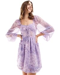 Miss Selfridge - Robe courte corset en mousseline à fleurs style patchwork et liens - Lyst