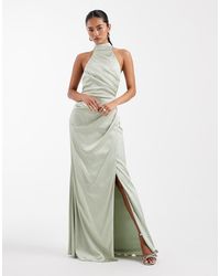 TFNC London - Bridesmaid Satin Halter Neck Pleat Detail Maxi Dress - Lyst