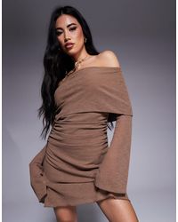 ASOS - Ribbed Ruched Tie Bardot With Tie Mini Dress - Lyst