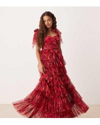 LACE & BEADS - Bow Shoulder Tiered Tulle Maxi Dress - Lyst