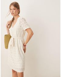 Vila - Jersey Broderie Tie Waist Puff Sleeve Dress - Lyst