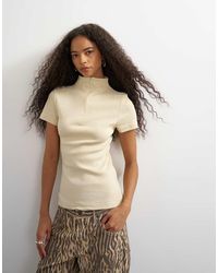 TOPSHOP - High Neck Zip Through Short Sleeve Rib Top - Lyst