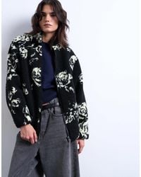 TOPSHOP - Mono Floral Print Fleece Borg Jacket - Lyst
