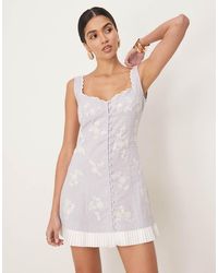 ASOS - Scalloped Button Down Mini Dress With Pleated Hem And Floral Embroidery - Lyst