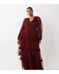 Lace & Beads Plus - Tulle Sheer Balloon Sleeve Plunge Neck Tiered Maxi Dress - Lyst