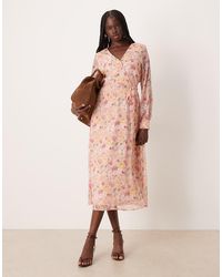Vila - Midi-Jurk Met Lange Mouwen, V-Hals En Bloemenprint - Lyst
